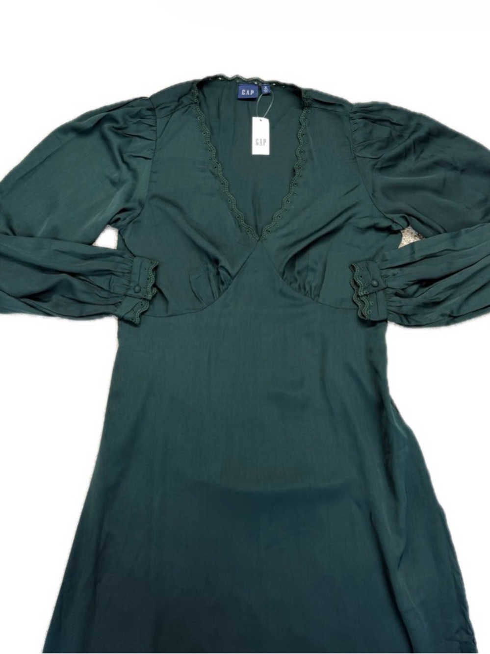New GAP Women Satin Empire Maxi Dress  Essex Green V neck Long Sleeve M Tall - Picture 2 of 14